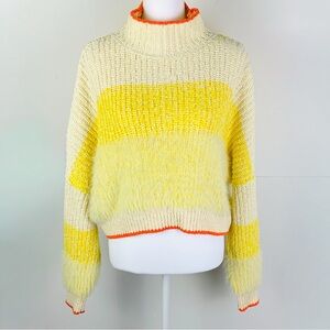 Free People Sunbrite Sweater Women M Yellow Stripe Oversized Crop Soft Preppy